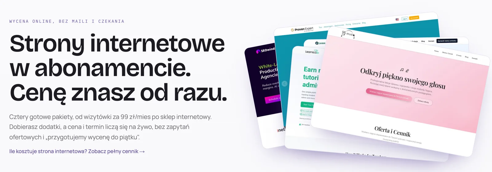 xqx.pl hero section — subscription websites for businesses with pricing known upfront