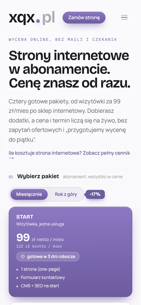 xqx.pl homepage on mobile — the same subscription pricing calculator on a small screen