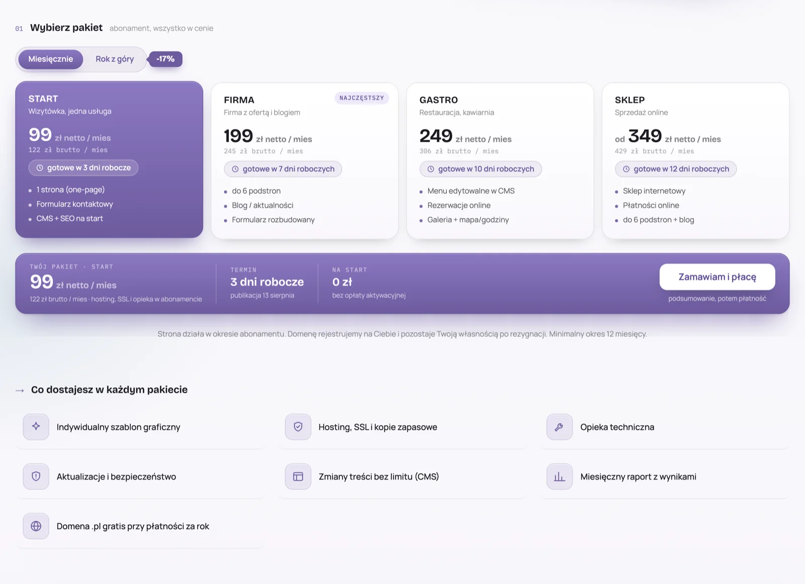 Subscription website packages on xqx.pl — START, FIRMA, GASTRO and SKLEP from 99 zł per month, with delivery times and everything included in the plan