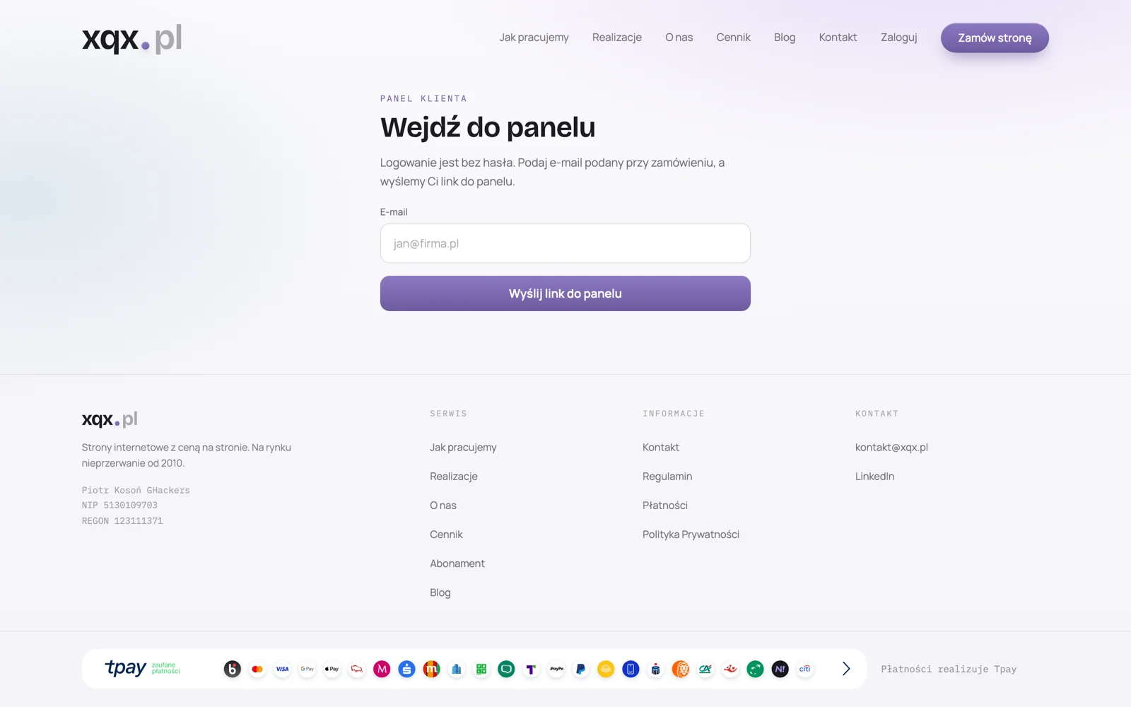 xqx.pl client panel login — passwordless magic-link sign-in for uploading website materials