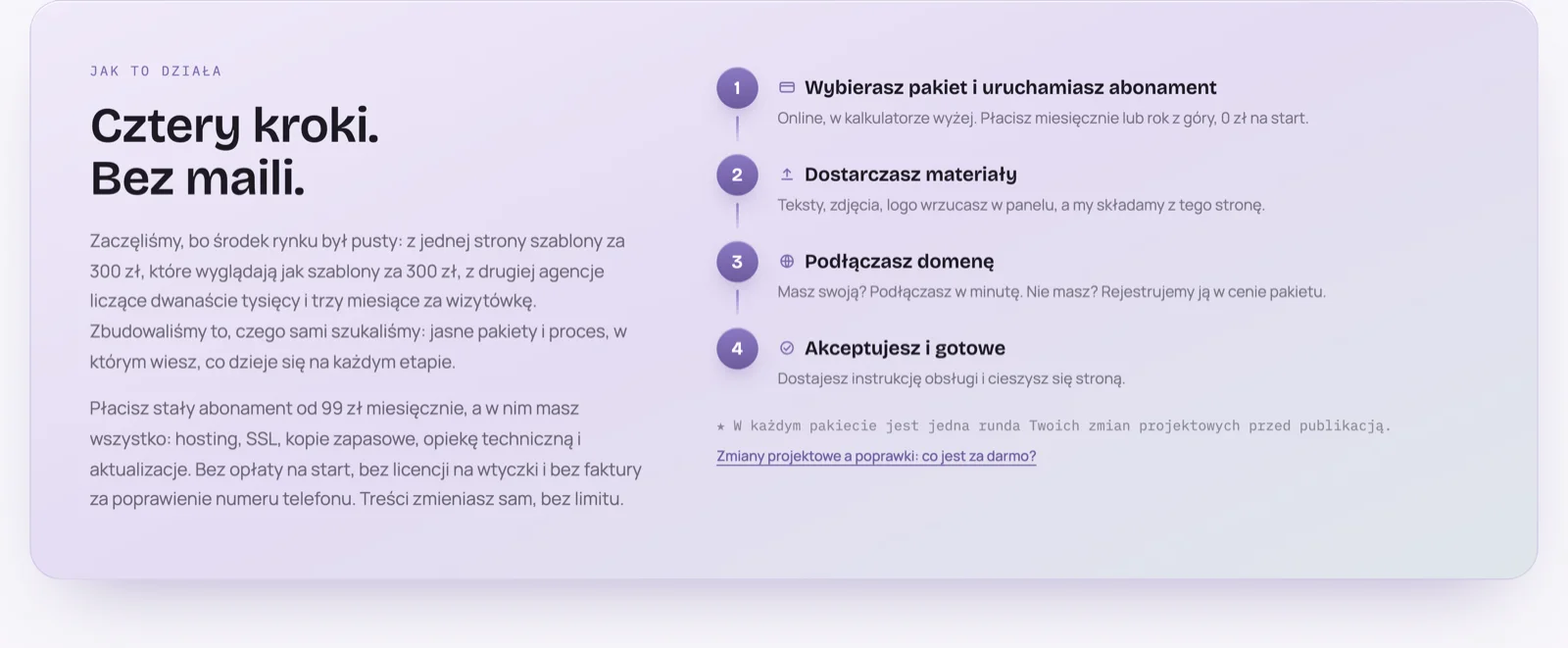 How xqx.pl works — four steps: choose a package and start the subscription, upload materials, connect the domain, approve and go live